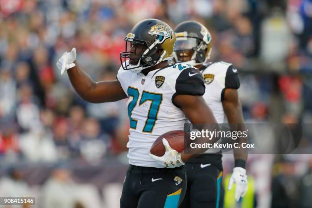 Leonard Fournette of the Jacksonville Jaguars celebrates with Marqise Lee after a touchdown in the second quarter during the AFC Championship Game...