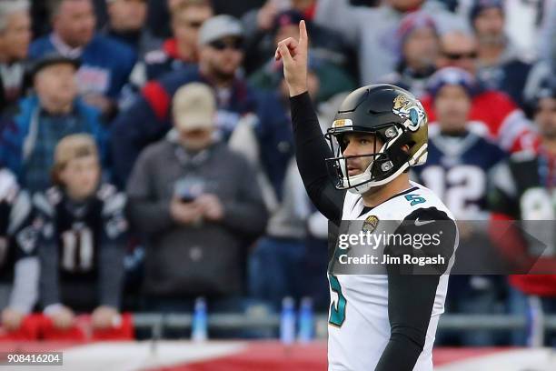 Blake Bortles of the Jacksonville Jaguars reacts in the second quarter of the AFC Championship Game against the New England Patriots at Gillette...