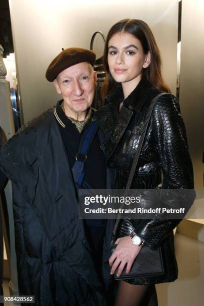 Hat designer for Christian Dior fashion house, Stephen Jones and actress Kaia Gerber attend the "Azzedine Alaia : Je Suis Couturier" Exhibition as...