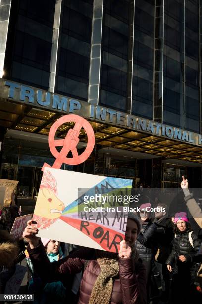 Demonstrator holds up a banner saying "I am woman hear me roar" while another gives the finger in front of Trump International Hotel and Tower during...