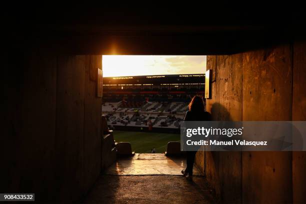 Fan looks to the field of Hidalgo Stadium before the 3rd round match between Pachuca and Lobos BUAP as part of the Torneo Clausura 2018 Liga MX at...