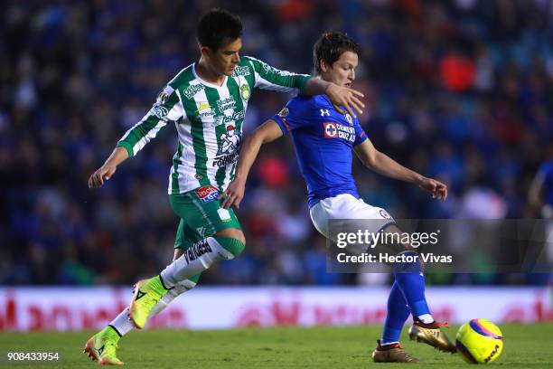Juan Ignacio Gonzalez of Leon struggles for the ball with Carlos Fierro of Cruz Azul during the 3rd round match between Cruz Azul and Leon as part of...
