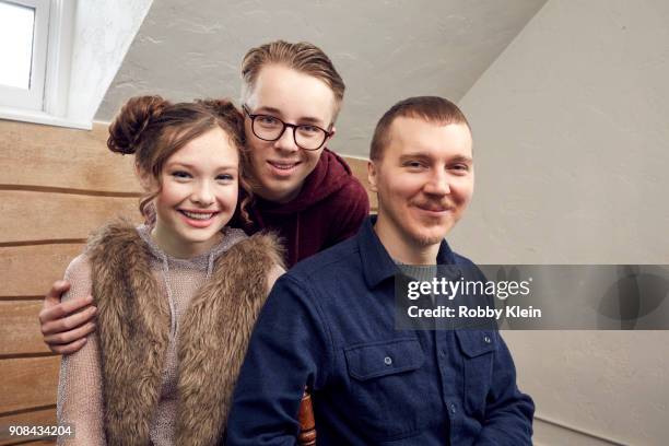 Zoe Colletti, Ed Oxenbould, and Paul Dano from the film 'Wildlife' pose for a portrait in the YouTube x Getty Images Portrait Studio at 2018 Sundance...