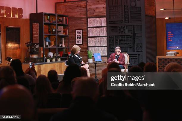 Legal affairs correspondent Nina Totenberg and Associate Justice of the Supreme Court of the United States Ruth Bader Ginsburg speak during the...