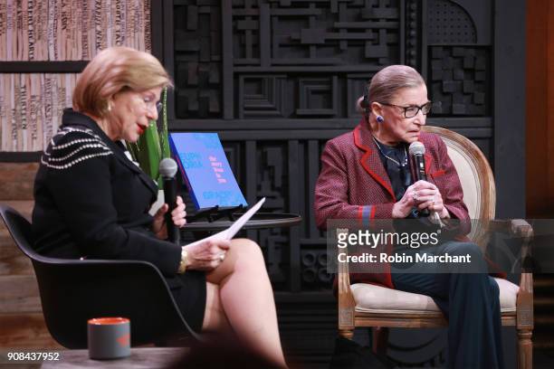 Legal affairs correspondent Nina Totenberg and Associate Justice of the Supreme Court of the United States Ruth Bader Ginsburg speak during the...