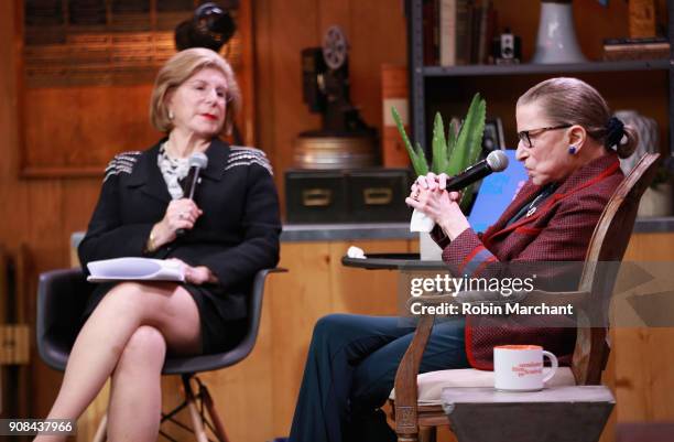 Legal affairs correspondent Nina Totenberg and Associate Justice of the Supreme Court of the United States Ruth Bader Ginsburg speak during the...