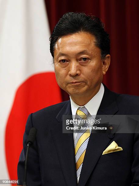 Newly elected Japanese Prime Minister Yukio Hatoyama speaks during a press conference at the Prime Minister's official residence on September 16,...