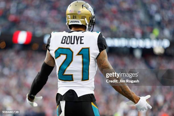 Bouye of the Jacksonville Jaguars reacts after a pass interference call in the second quarter during the AFC Championship Game against the New...