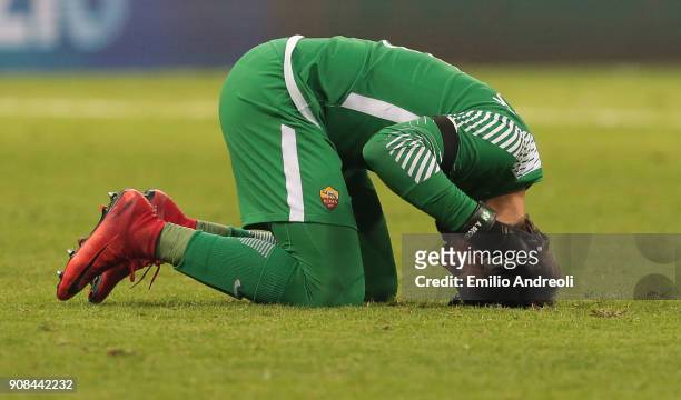 Allison of AS Roma shows his dejection at the end of the Serie A match between FC Internazionale and AS Roma at Stadio Giuseppe Meazza on January 21,...