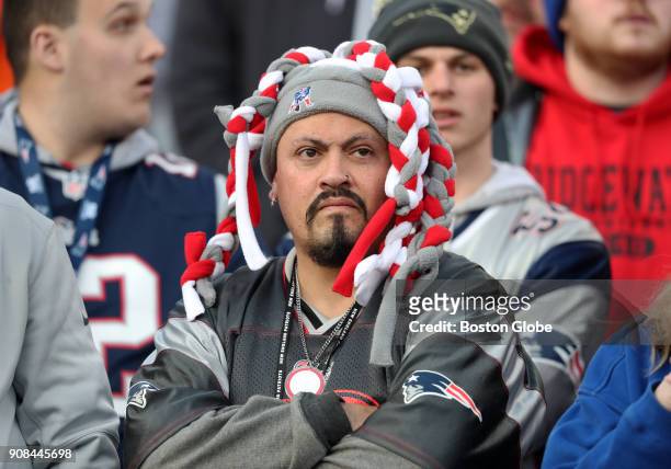 An unhappy New England Patriots fan reacts during the second quarter. The New England Patriots host the Jacksonville Jaguars in an NFL AFC...