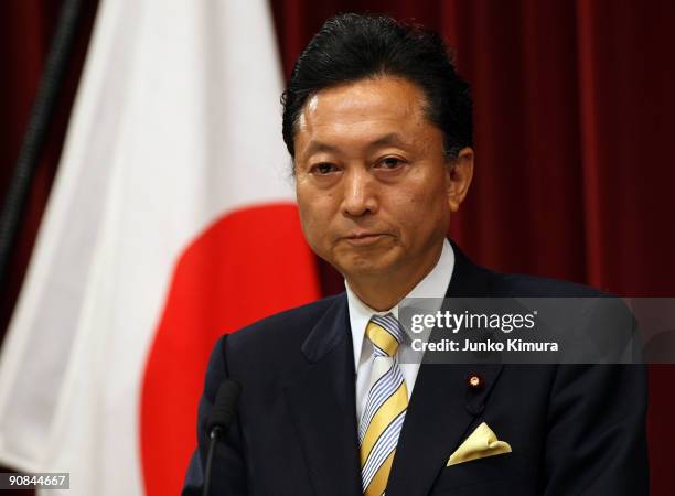 Newly elected Japanese Prime Minister Yukio Hatoyama speaks during a press conference at the Prime Minister's official residence on September 16,...