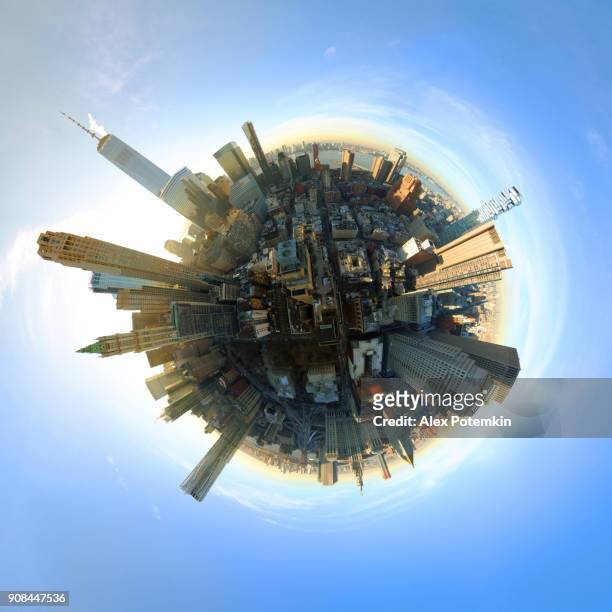 aerial 360 degree panoramic of manhattan - 360 stock pictures, royalty-free photos & images