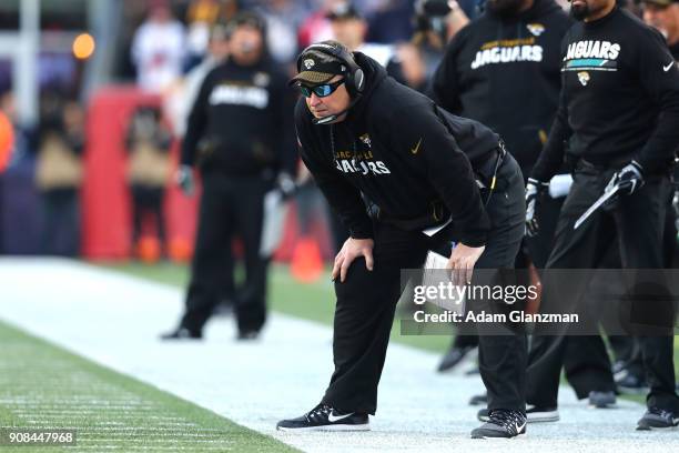 Head Coach Doug Marrone of the Jacksonville Jaguars reacts in the first half of the AFC Championship Game against the New England Patriots at...
