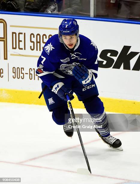 Michael Little of the Mississauga Steelheads turns up ice against the Barrie Colts on January 19, 2018 at Hershey Centre in Mississauga, Ontario,...