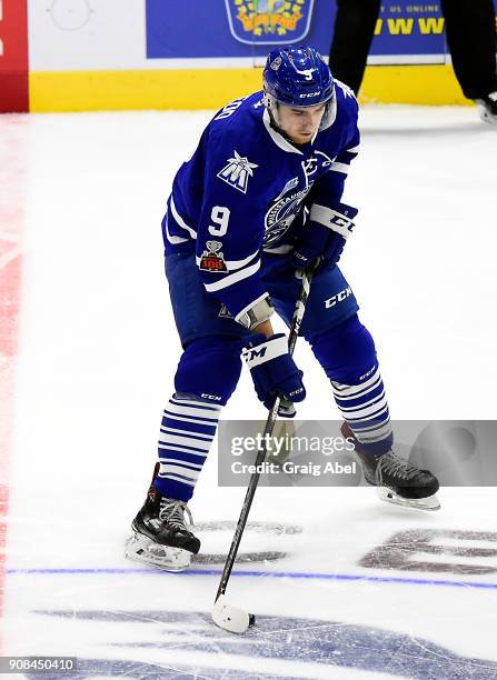 Michael McLeod of the Mississauga Steelheads controls the puck against the Barrie Colts on January 19, 2018 at Hershey Centre in Mississauga,...