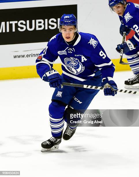 Michael McLeod of the Mississauga Steelheads skates up ice against the Barrie Colts on January 19, 2018 at Hershey Centre in Mississauga, Ontario,...