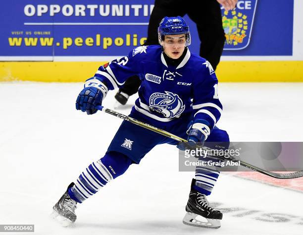 Nicholas Canade of the Mississauga Steelheads turns up ice against the Barrie Colts on January 19, 2018 at Hershey Centre in Mississauga, Ontario,...