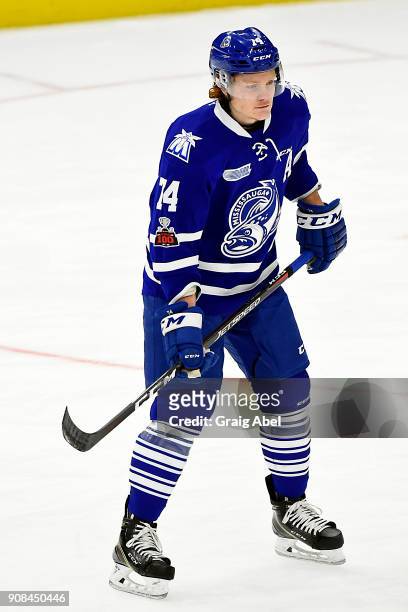 Owen Tippett of the Mississauga Steelheads skates in warmup prior to a game against the Barrie Colts on January 19, 2018 at Hershey Centre in...