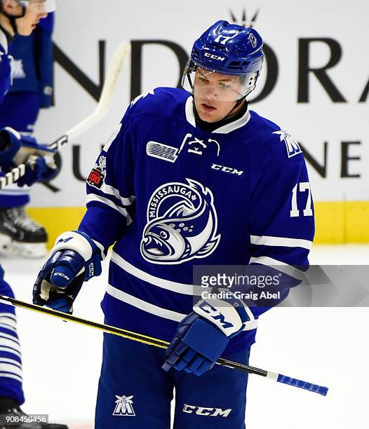 Reagan O"u2019Grady of the Mississauga Steelheads skates in warmup prior to a game against the Barrie Colts on January 19, 2018 at Hershey Centre in...