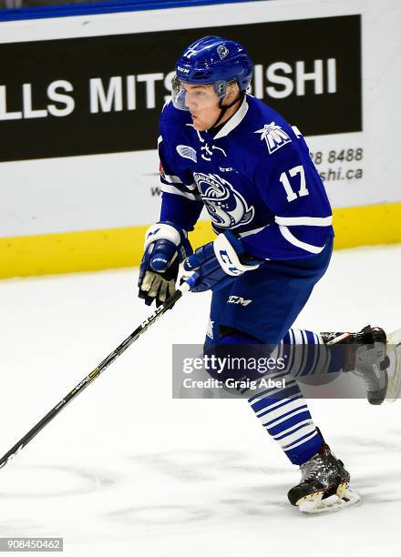 Reagan O"u2019Grady of the Mississauga Steelheads skates up ice against the Barrie Colts on January 19, 2018 at Hershey Centre in Mississauga,...