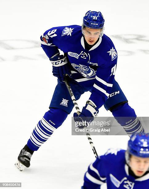 Ryan McLeod of the Mississauga Steelheads skates in warmup prior to a game against the Barrie Colts on January 19, 2018 at Hershey Centre in...