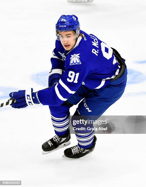 Ryan McLeod of the Mississauga Steelheads turns up ice against the Barrie Colts on January 19, 2018 at Hershey Centre in Mississauga, Ontario, Canada.