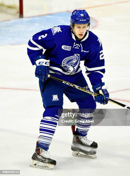 Ryan Wells of the Mississauga Steelheads watches the play develop against the Barrie Colts on January 19, 2018 at Hershey Centre in Mississauga,...