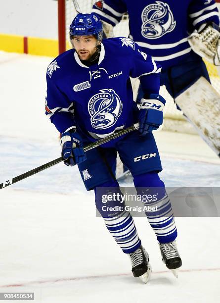 Stephen Gibson of the Mississauga Steelheads turns up ice against the Barrie Colts on January 19, 2018 at Hershey Centre in Mississauga, Ontario,...