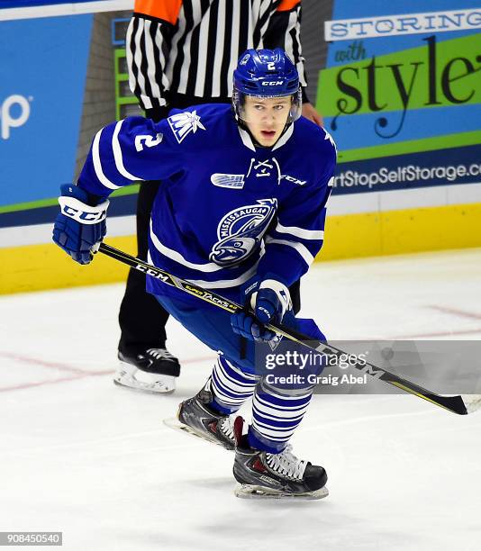 Ryan Wells of the Mississauga Steelheads turns up ice against the Barrie Colts on January 19, 2018 at Hershey Centre in Mississauga, Ontario, Canada.