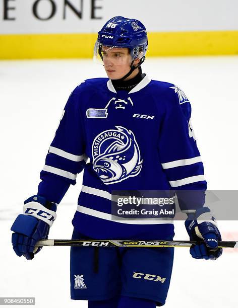 Thomas Harley of the Mississauga Steelheads skates in warmup prior to a game against the Barrie Colts on January 19, 2018 at Hershey Centre in...