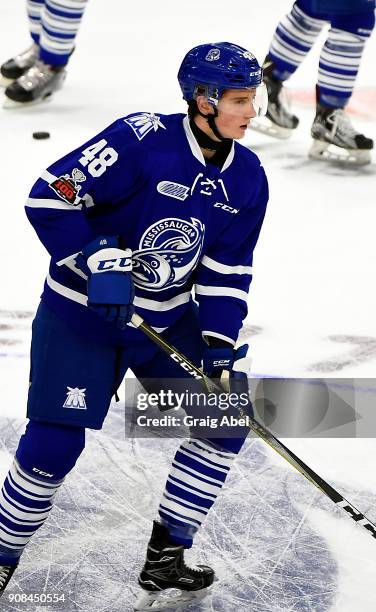 Thomas Harley of the Mississauga Steelheads skates in warmup prior to a game against the Barrie Colts on January 19, 2018 at Hershey Centre in...