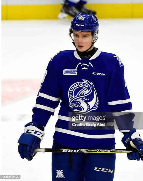 Thomas Harley of the Mississauga Steelheads skates in warmup prior to a game against the Barrie Colts on January 19, 2018 at Hershey Centre in...