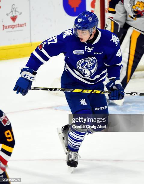 Trent Fox of the Mississauga Steelheads watches the play develop against the Barrie Colts on January 19, 2018 at Hershey Centre in Mississauga,...