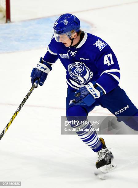 Trent Fox of the Mississauga Steelheads turns up ice against the Barrie Colts on January 19, 2018 at Hershey Centre in Mississauga, Ontario, Canada.