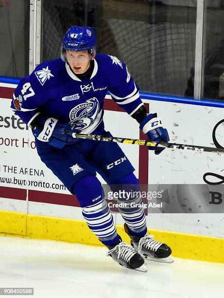 Trent Fox of the Mississauga Steelheads turns up ice against the Barrie Colts on January 19, 2018 at Hershey Centre in Mississauga, Ontario, Canada.