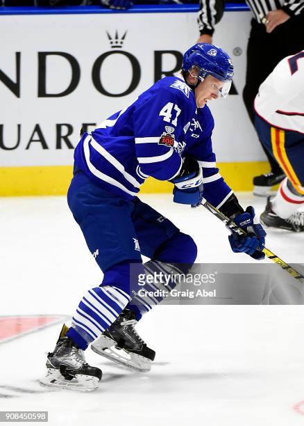 Trent Fox of the Mississauga Steelheads skates up ice against the Barrie Colts on January 19, 2018 at Hershey Centre in Mississauga, Ontario, Canada.