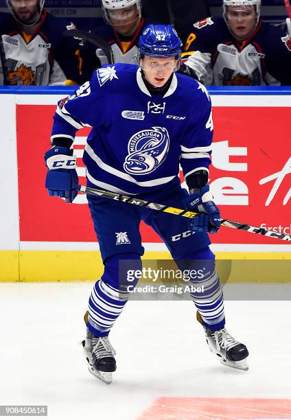 Trent Fox of the Mississauga Steelheads skates up ice against the Barrie Colts on January 19, 2018 at Hershey Centre in Mississauga, Ontario, Canada.