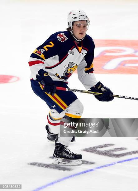 Tyler Tucker of the Barrie Colts skates up ice against the Mississauga Steelheads during game action on January 19, 2018 at Hershey Centre in...