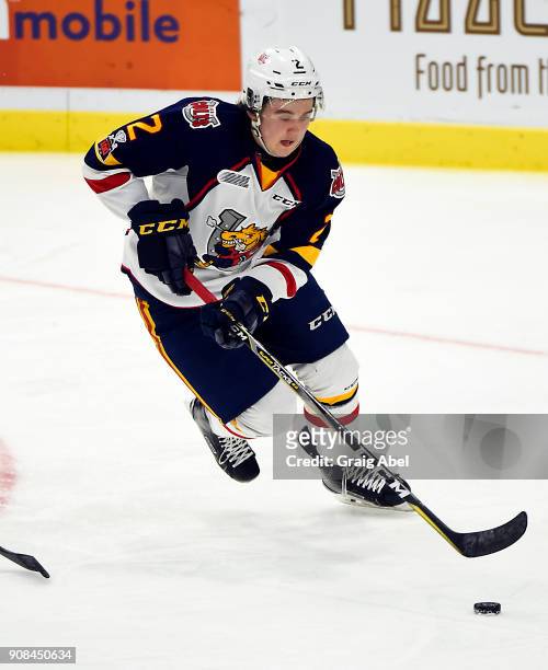 Tyler Tucker of the Barrie Colts controls the puck against the Mississauga Steelheads during game action on January 19, 2018 at Hershey Centre in...