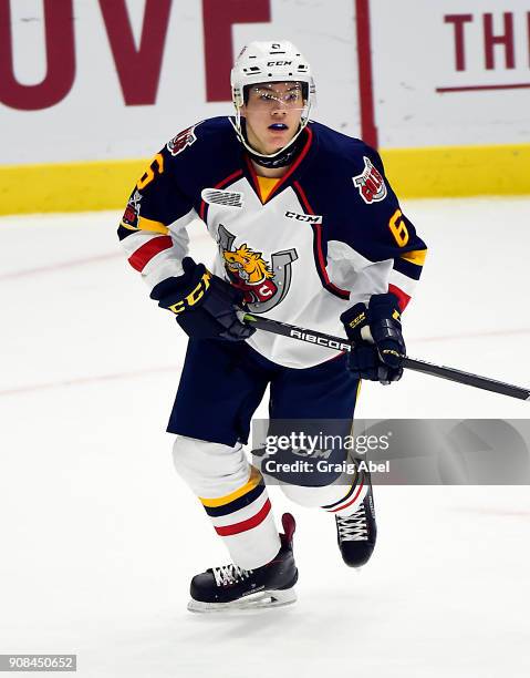 Victor Hadfield of the Barrie Colts skates up ice against the Mississauga Steelheads during game action on January 19, 2018 at Hershey Centre in...