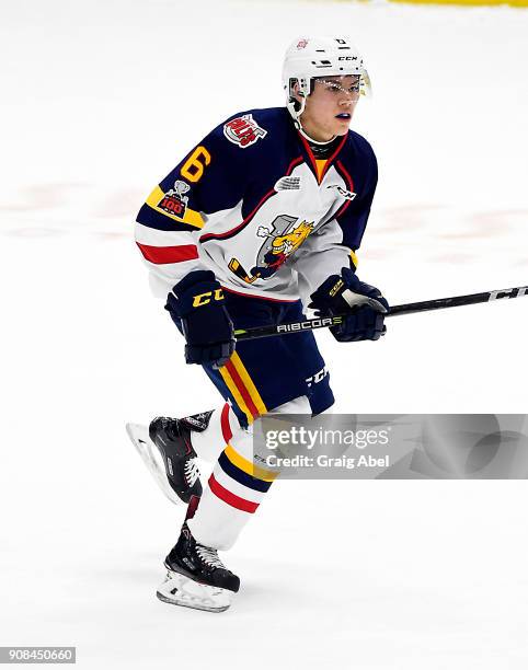 Victor Hadfield of the Barrie Colts skates up ice against the Mississauga Steelheads during game action on January 19, 2018 at Hershey Centre in...