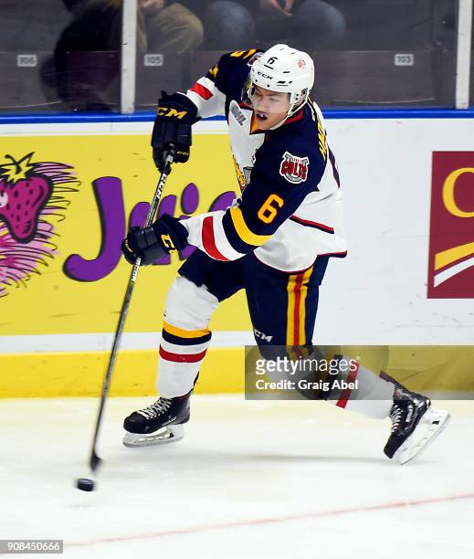 Victor Hadfield of the Barrie Colts controls the puck against the Mississauga Steelheads during game action on January 19, 2018 at Hershey Centre in...