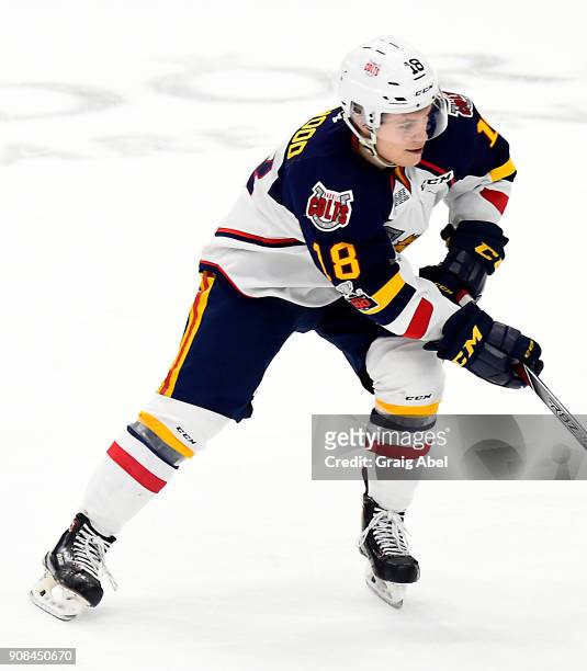 Zach Magwood of the Barrie Colts turns up ice against the Mississauga Steelheads during game action on January 19, 2018 at Hershey Centre in...