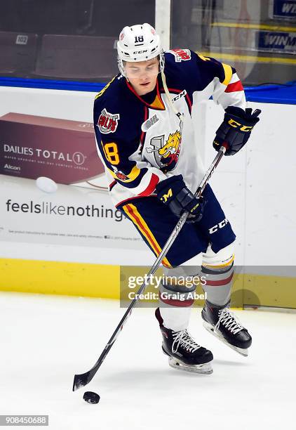 Zach Magwood of the Barrie Colts skates in warmup prior to a game against the Mississauga Steelheads on January 19, 2018 at Hershey Centre in...