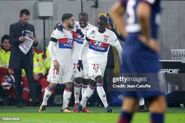 Nabil Fekir of Lyon celebrates his goal with Tanguy Ndombele, Ferland Mendy during the French Ligue 1 match between Olympique Lyonnais and Paris...