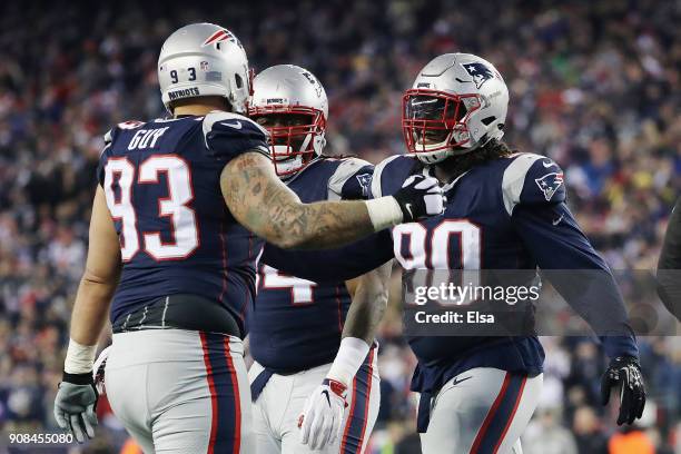 Lawrence Guy of the New England Patriots reacts with Malcolm Brown in the third quarter during the AFC Championship Game against the Jacksonville...