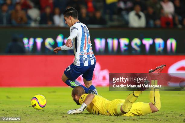 Erick Aguirre of Pachuca dribbles goalkeeper Lucero Alvarez of Lobos BUAP during the 3rd round match between Pachuca and Lobos BUAP as part of the...