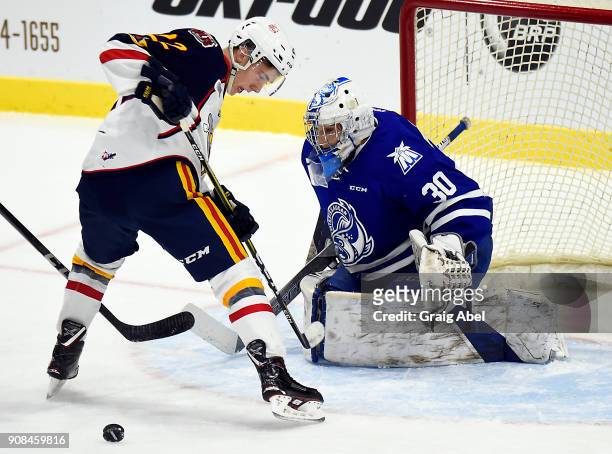 Emanuel Vella of the Mississauga Steelheads stops a shot against Luke Bignell of the Barrie Colts during OHL game action on January 19, 2018 at...