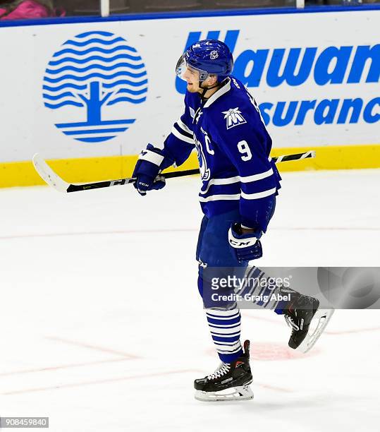 Michael McLeod of the Mississauga Steelheads celebrates his goal against the Barrie Colts during OHL game action on January 19, 2018 at Hershey...