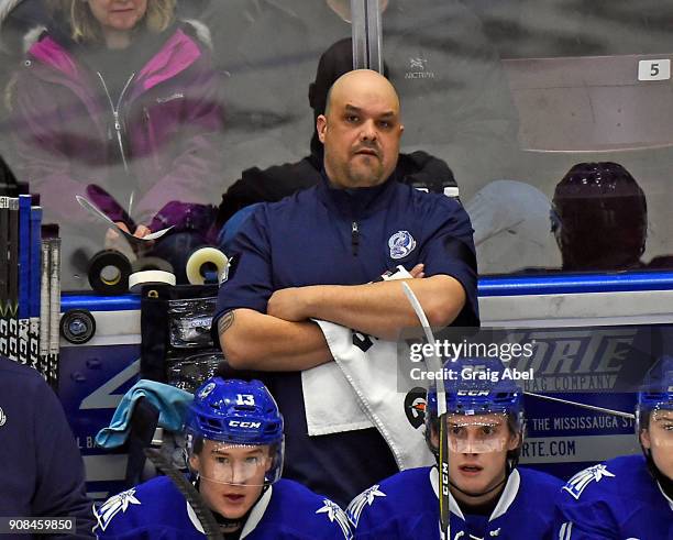 Equipment Manager Tom Frater of the Mississauga Steelheads works his 1000th OHL game against the Barrie Colts on January 19, 2018 at Hershey Centre...